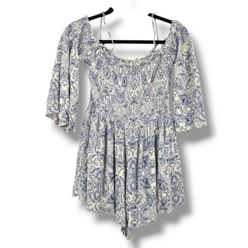Alythea Romper Blue White Paisley Print‎ Off Shoulder 3/4 Sleeve Smocked S